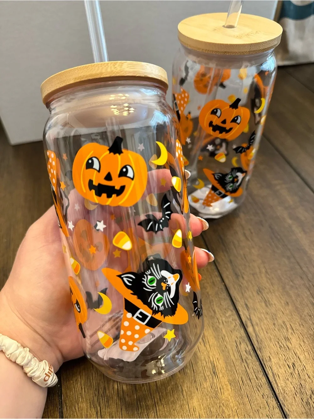 Vintage Style Halloween Cat & Pumpkin Tumbler with Straw - set of 2